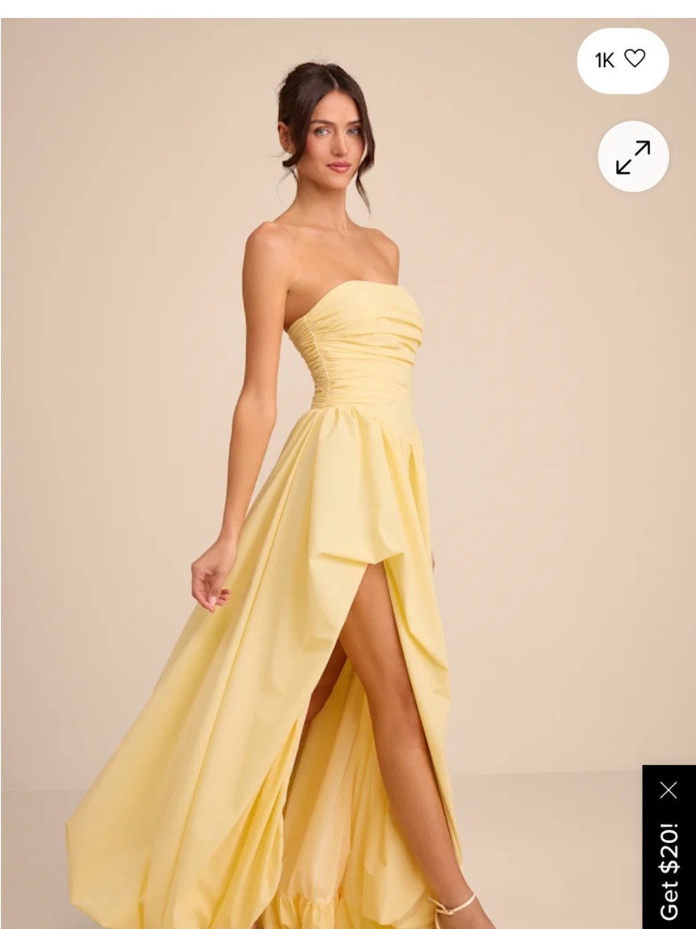 Lulu's Strapless Lemon Yellow High-Slit Formal Gown